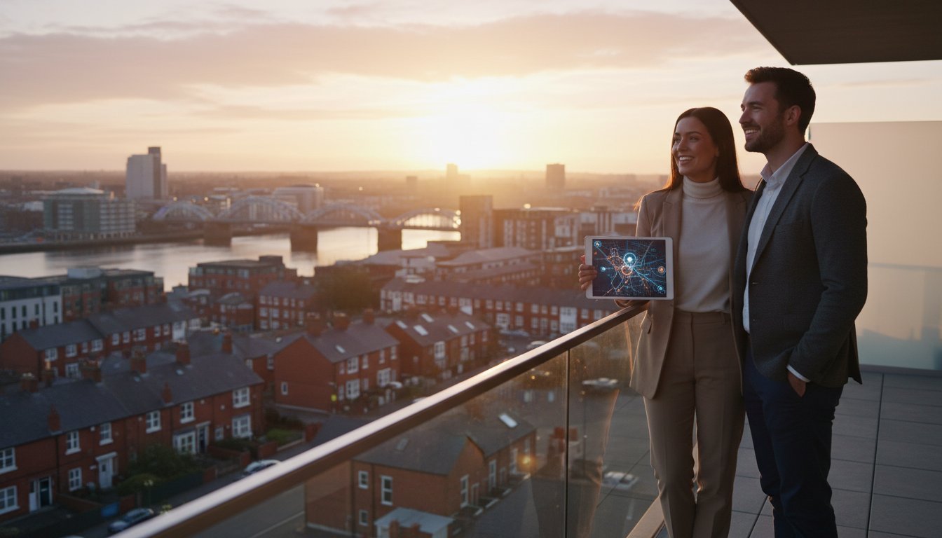 A smiling woman and man stand on a balcony overlooking a city at sunset. The woman holds a tablet displaying a glowing digital network diagram. Urban buildings and a river are visible in the background.